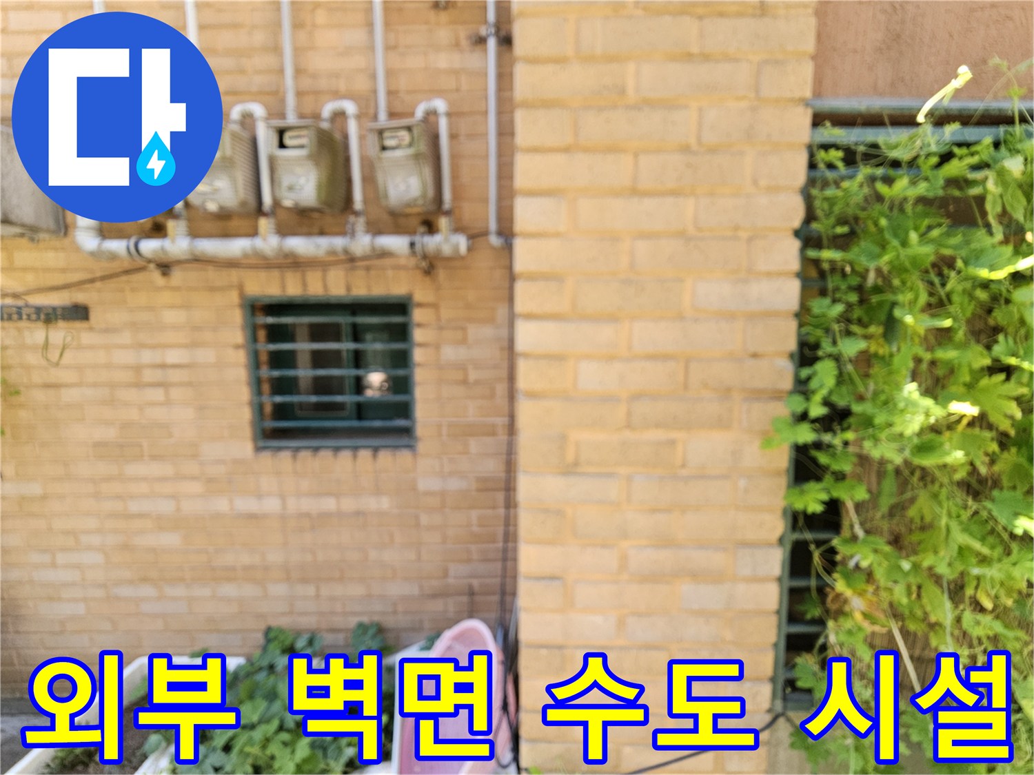 빌라 외벽의 수도 계량기와 연결된 배관들의 모습