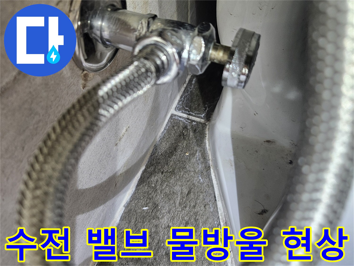 은색 호스 연결 부위-물기가 맺힌 수도 밸브