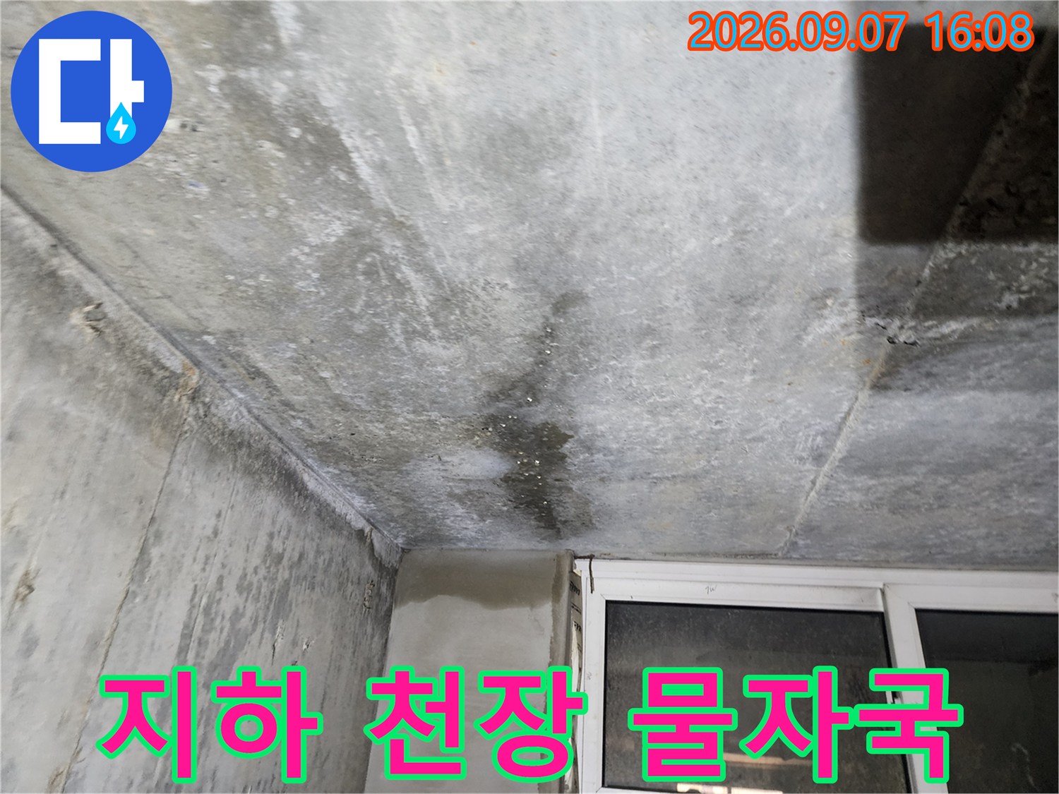 빌라 지하층 천장-습기로 인해 어둡게 얼룩진 콘크리트 벽면과 천장