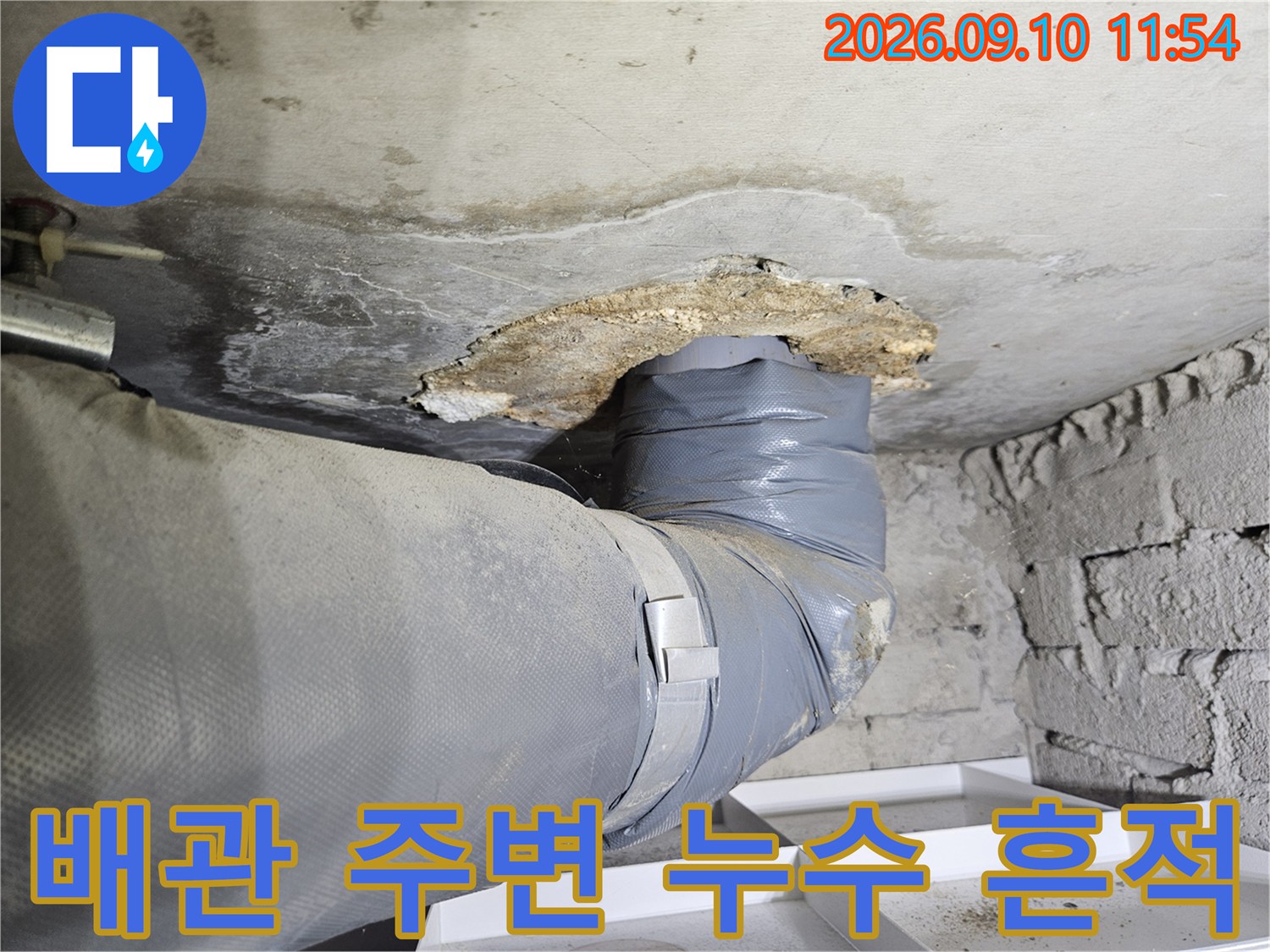 천장 콘크리트 틈새에-드러난 배관과 습기 머금은 부위