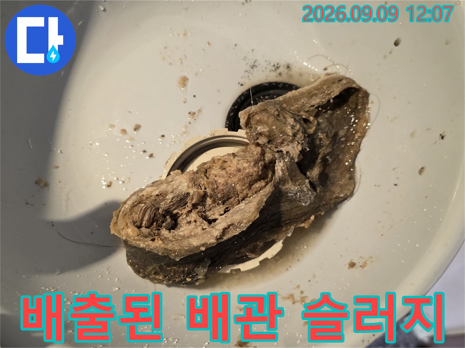 배관 세척 후 밖으로 나온 커다란 이물질 덩어리 사진