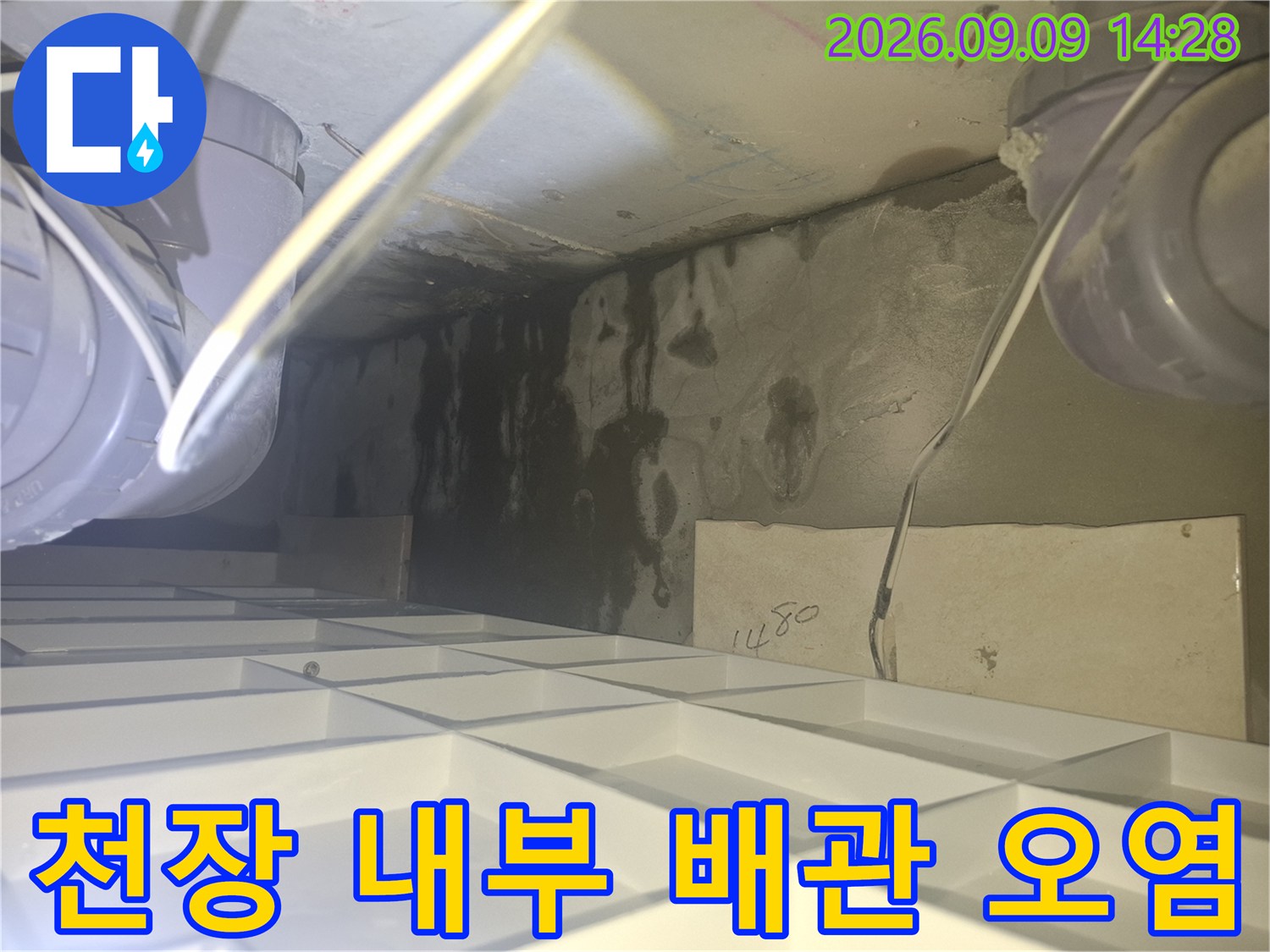 습기로 인해 검게 변한 천장 내부의 배관 주변 부위