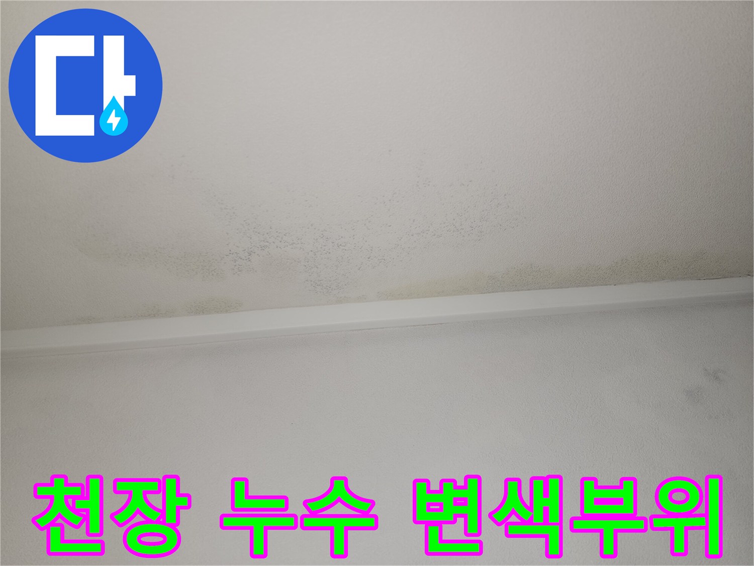 천장 벽면을 따라 나타난 누수 흔적과 얼룩진 상태의 사진