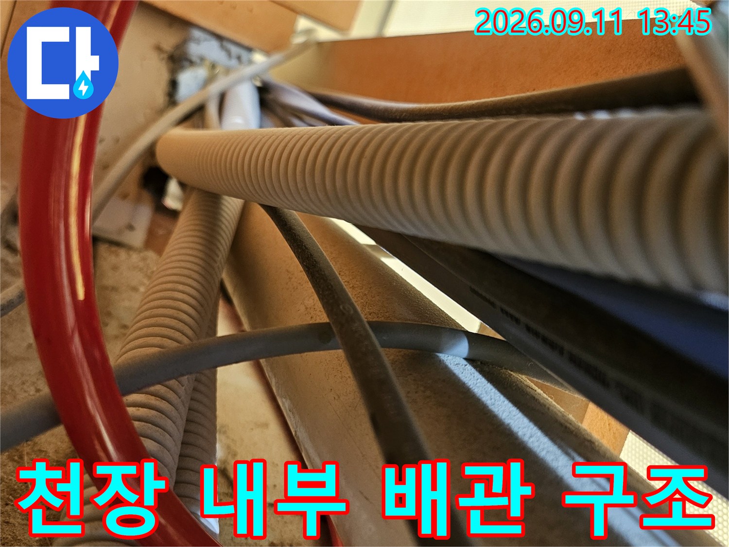 세면대 아래 천장 공간에 설치된 주름관과 붉은색 호스의 배치 상태