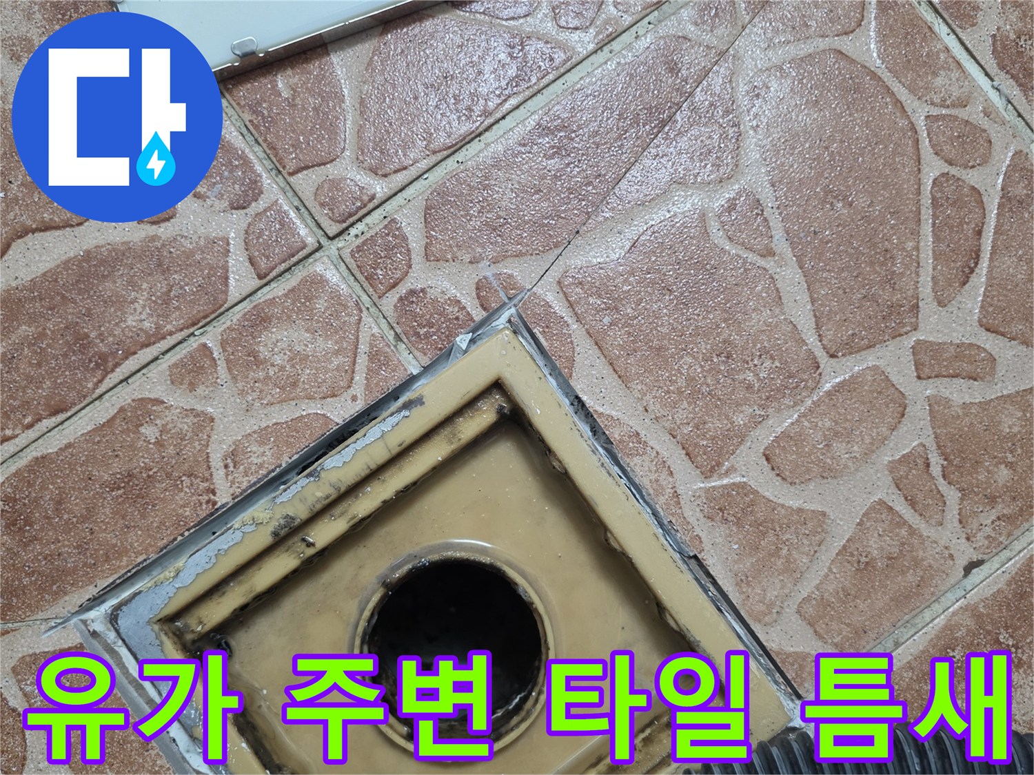 배수구 유가 주변의 갈라진 타일 틈새와 배관 입구