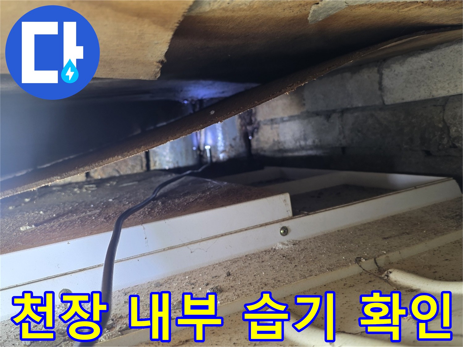 양재 배관 주변 콘크리트 슬라브의 습기 흔적 사진
