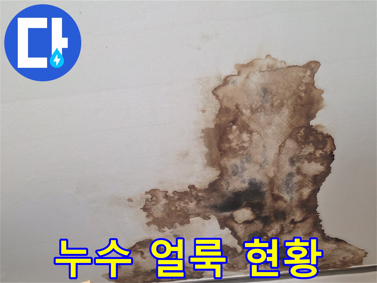 천장 벽지에 나타난 갈색의 누수 오염 부위